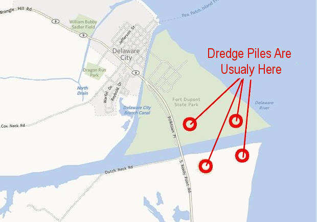 map showing the fossil bearing dredge piles in Delaware