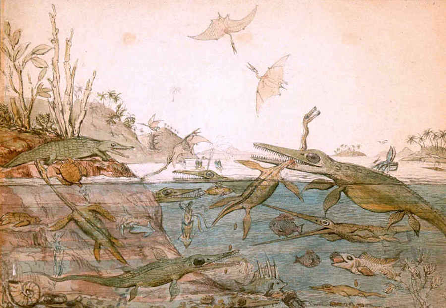 Duria Antiquior, a more ancient Dorset, was a watercolor painted in 1830 by Henry De la Beche.  This is the first ever a pictorial representation of prehistoric life.  It coined an entirely new genra called Paleoart.   The painting is based from fossils found by Mary Anning around Lyme Regis.)
