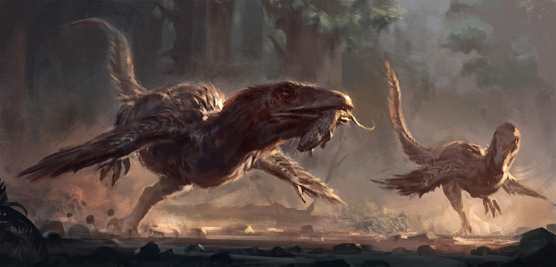 Deinonychus chasing each other over a catch. Inspired by a footage of two Lynx doing the same thing. -Image Credit: RAPHTOR of Deviant Art  (CC BY-NC-ND 3.0)