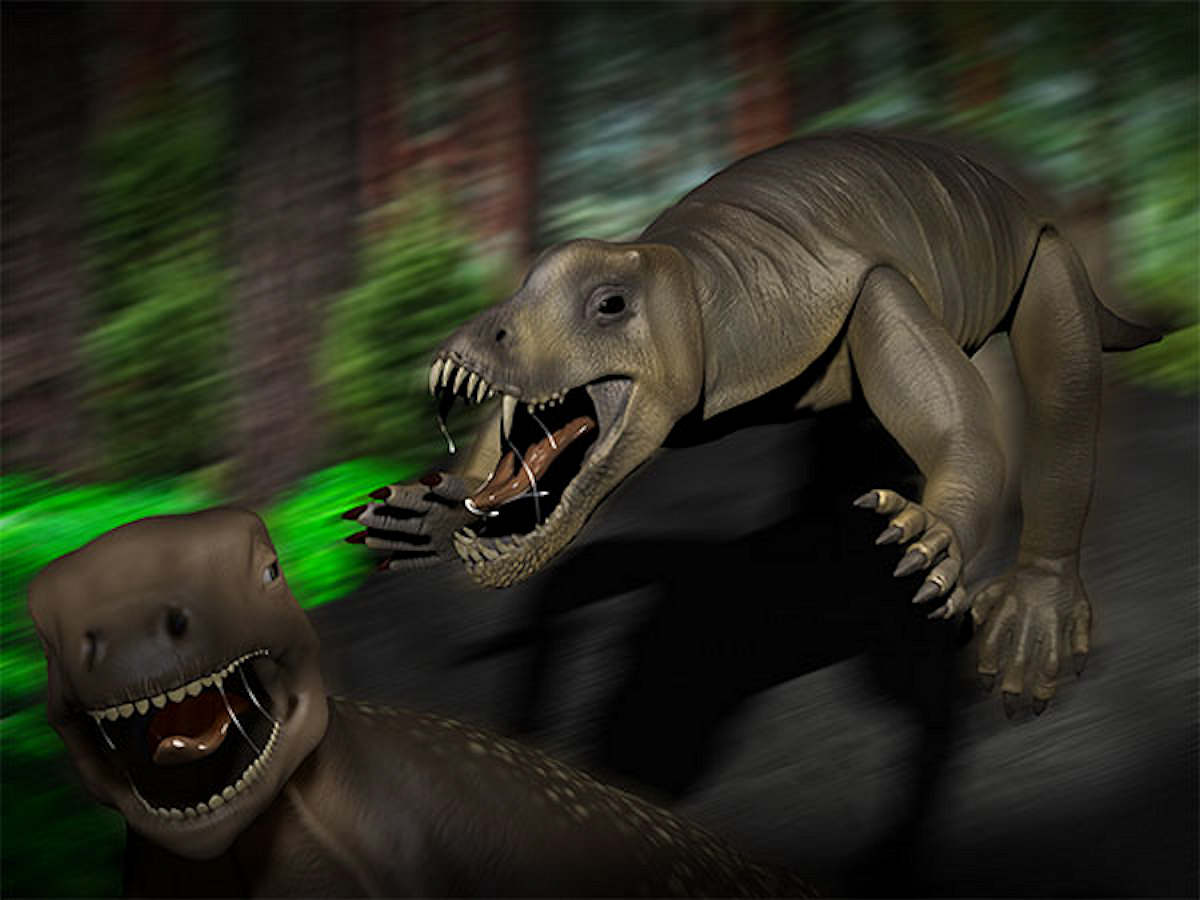 A life reconstruction of Anteosaurus attacking a herbivorous Moschognathus. Image credit: Alex Bernardini (@SimplexPaleo)