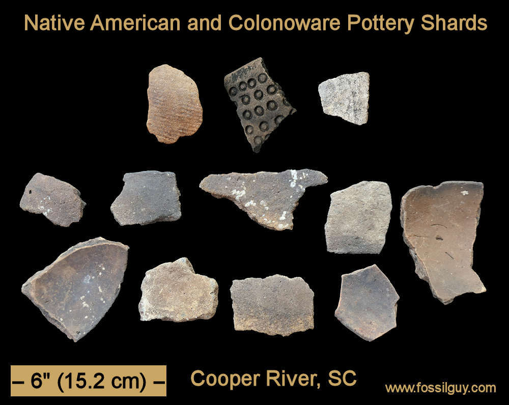 This image shows a mix of Native American and Colonoware pottery shards found in the Cooper river.  The three top ones with the decorations are most likely Native American.