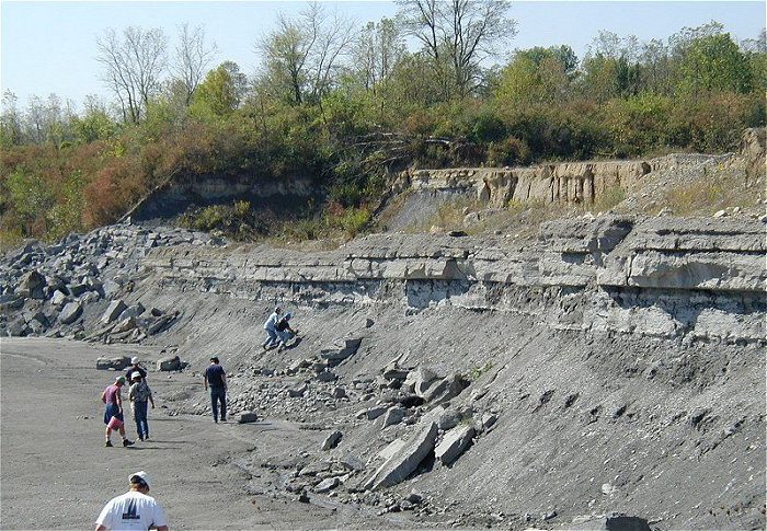 This shows fossil hunters hunting in the Hanson quarry. This quarry is now closed to collectors. As one can see, the Silica formation is nicely exposed.