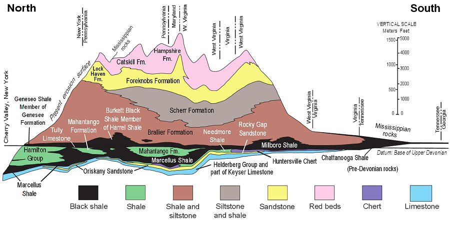 A cross section of the Devonian Strata from New York down to Tennessee, showing the Hamilton Group; the Marcellus shale, Mahantango, and Needmore Formation.