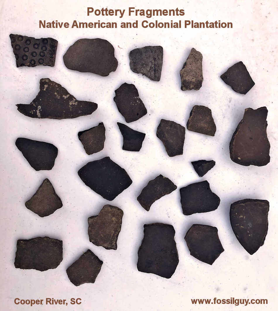 Pottery fragments found along the bottom of the Cooper River.  Some are Native American pottery and others are Colonial Era Plantation pottery.